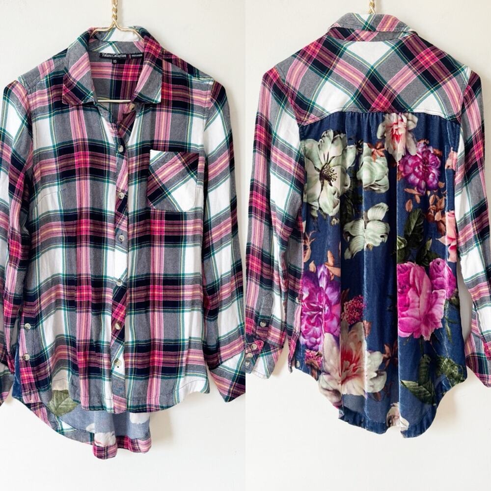 Tolani Blue and Pink Floral Velvet Back Plaid Flannel Tunic Button Down XS